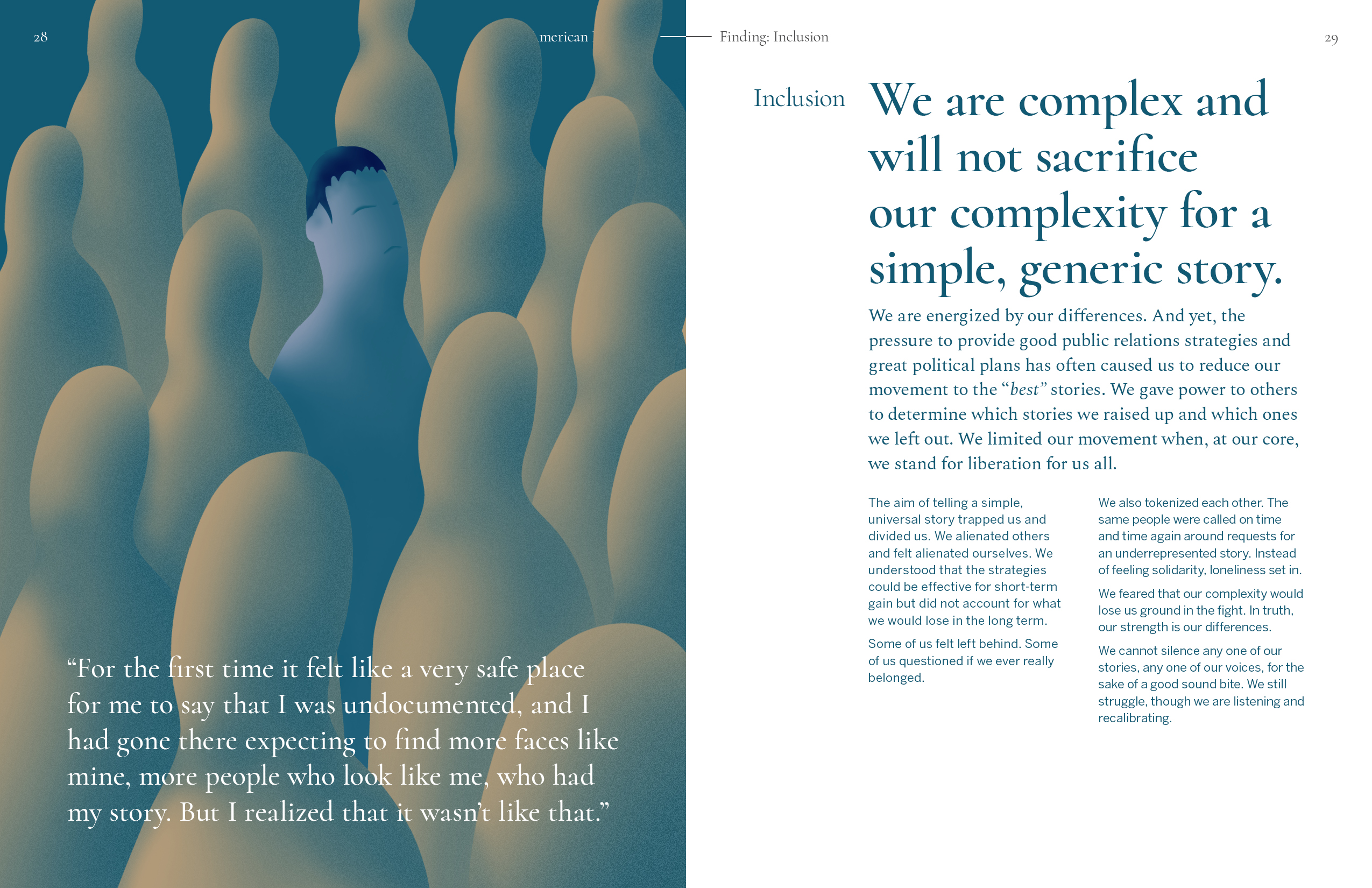 A spread with an illustration of a single person in a crowd, facing in the opposite direction. To the right is the heading 'Inclusion: We are complex and will not sacrifice our complexity for a simple, generic story.'