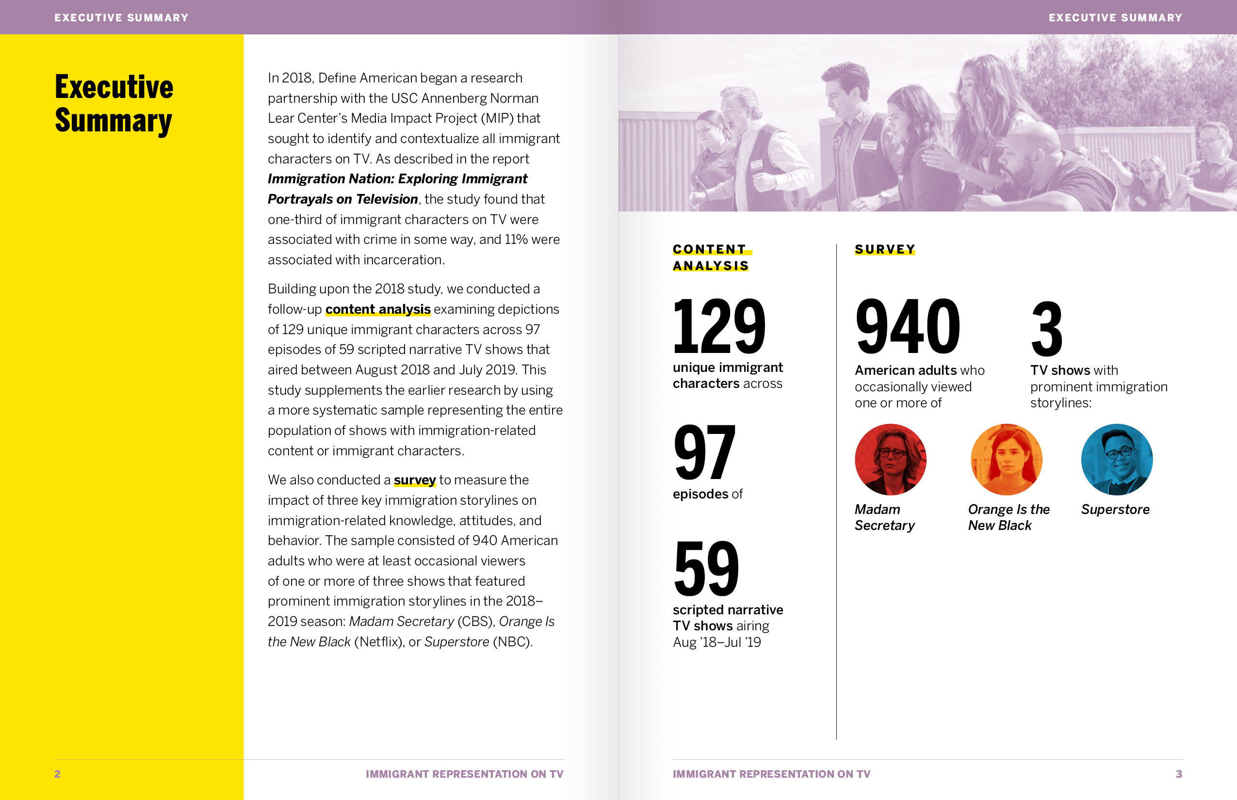 First spread from the Executive Summary, introducing the report and summing up the two content analysis and audience survey sections. The top right is a lavender-tinted photo of characters from the studied TV show Superstore, rushing openmouthed to the left towards the introductory paragraph.