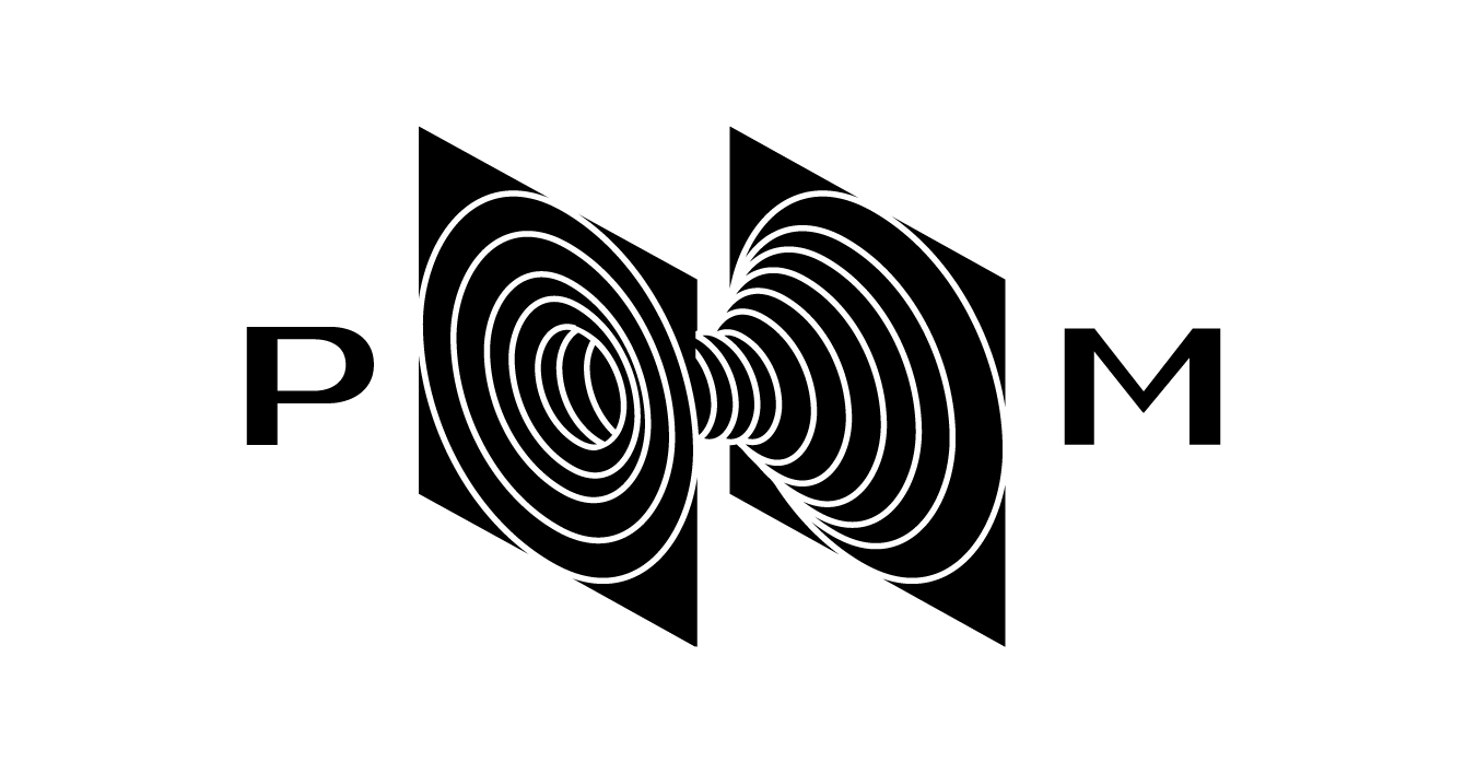 A 'P' and 'M' sit on either side of a wormhole which is rotated slightly to look like a three-dimensional 'H'.